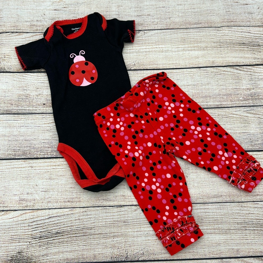 Gerber Ladybug Red Pink and Black Onesie and Legging Bundle Size 0-3 Mon…